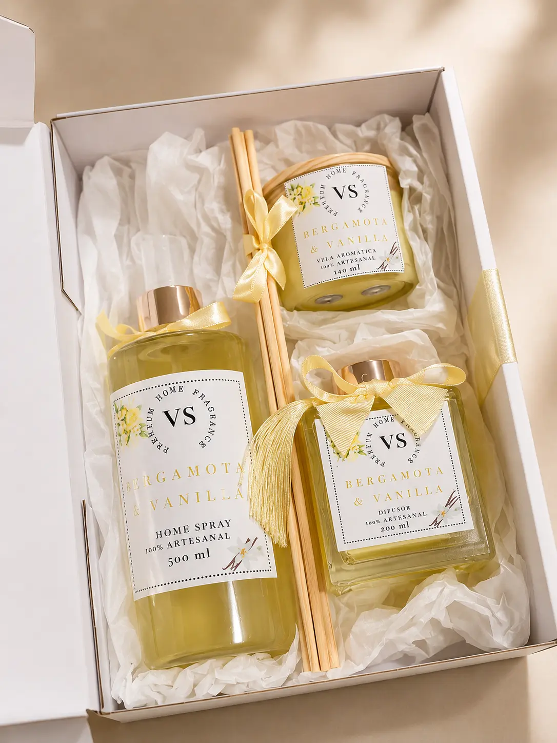 Kit Premium Bergamota & Vanilla com caixa aberta — VS Premium Home Fragrance