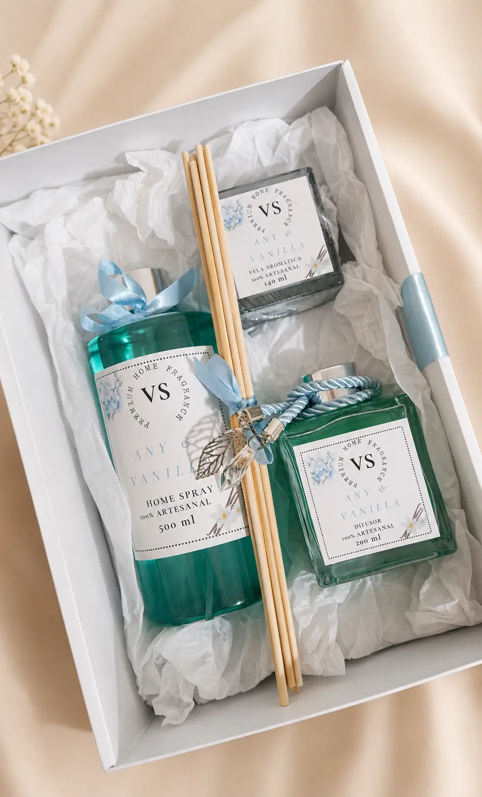 Kit Premium Any & Vanilla com caixa aberta — VS Premium Home Fragrance